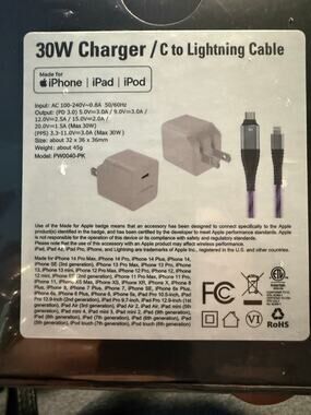30W Fast Charging Kit, C To Lightning Cable, Power Adapter, NWT